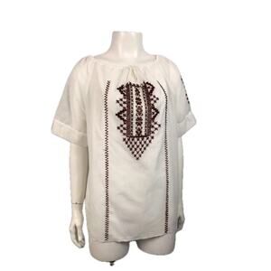 Vintage White Embroidery Mexican Peasant Shirt Short Sleeve / Women's Large
